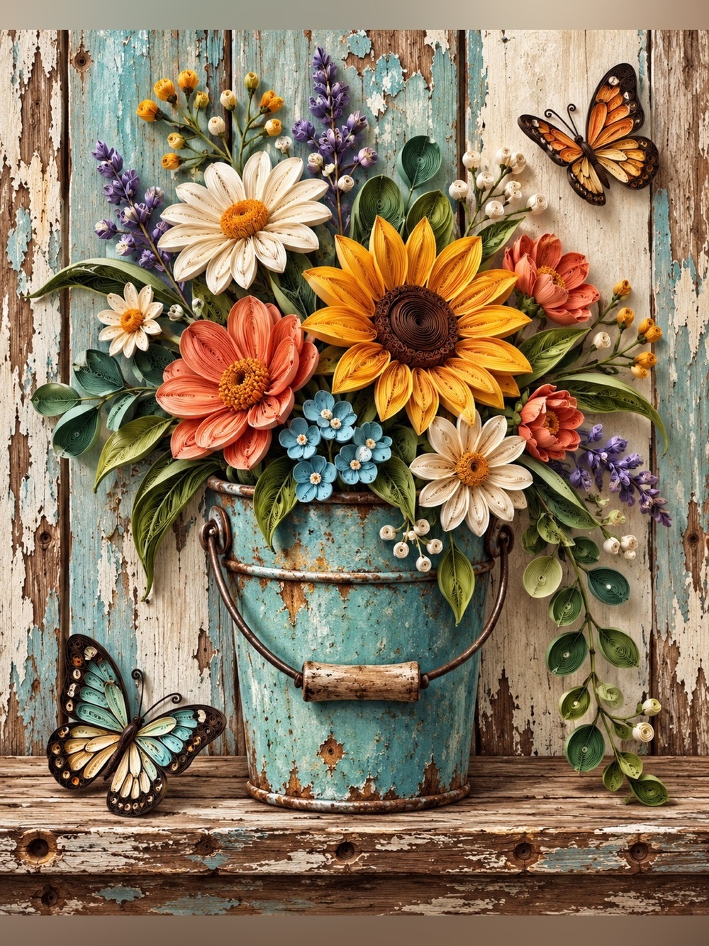 8x10 Framed Vintage Turquoise Bucket Floral Art Print - Multicolor Home